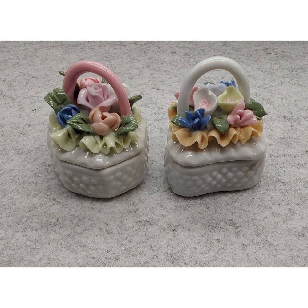 Set of 2 Vintage Porcelain Trinket Boxes – Heart & Hexagon Shape Jewelry Boxes